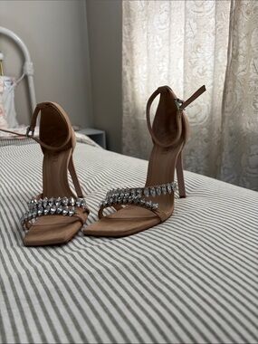 SCHUTZ Tan Crystal-Embellished Ankle-Strap Heels